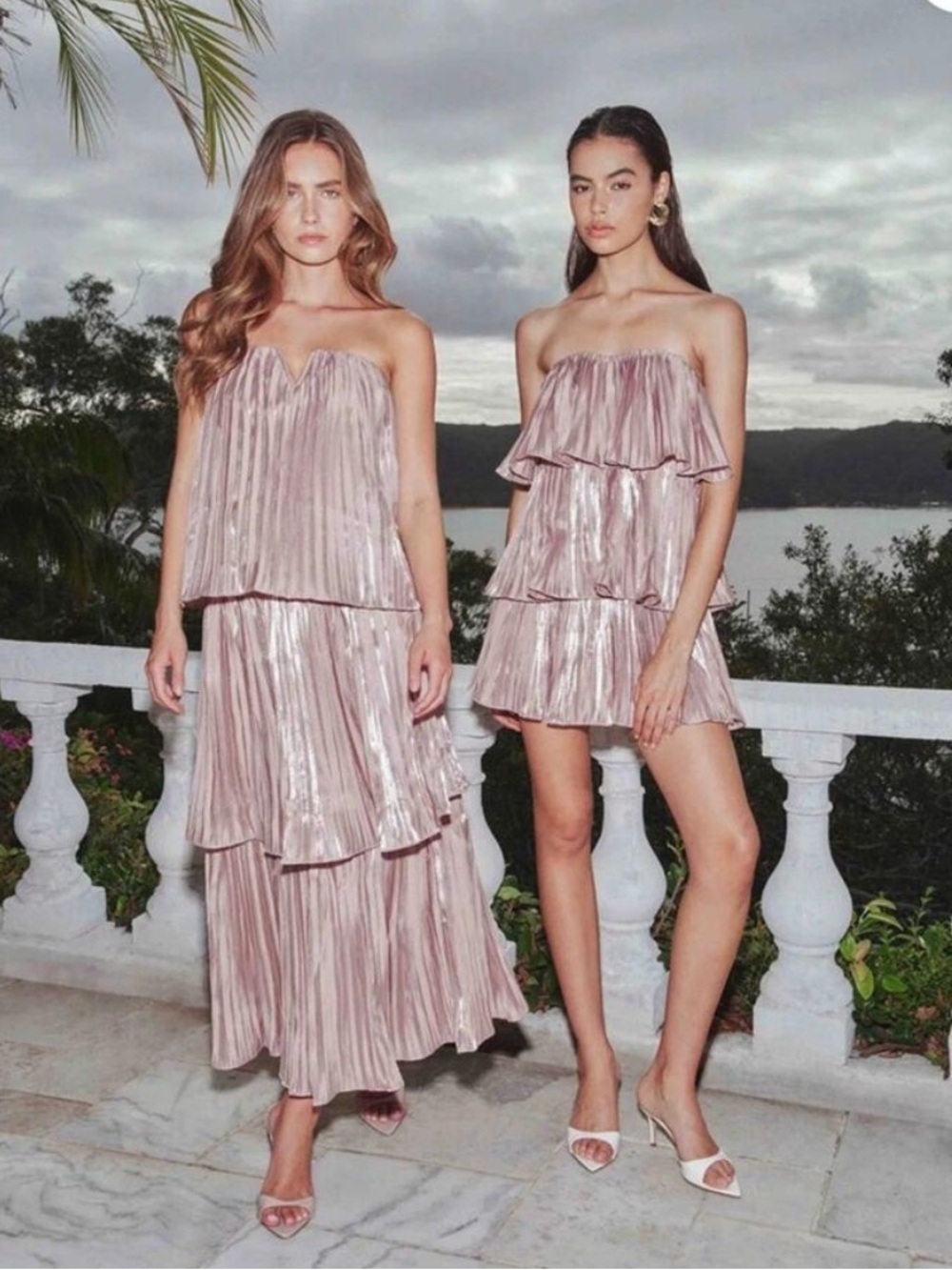 Elliatt Strapless Metallic Tiered Dress — Rose Gold